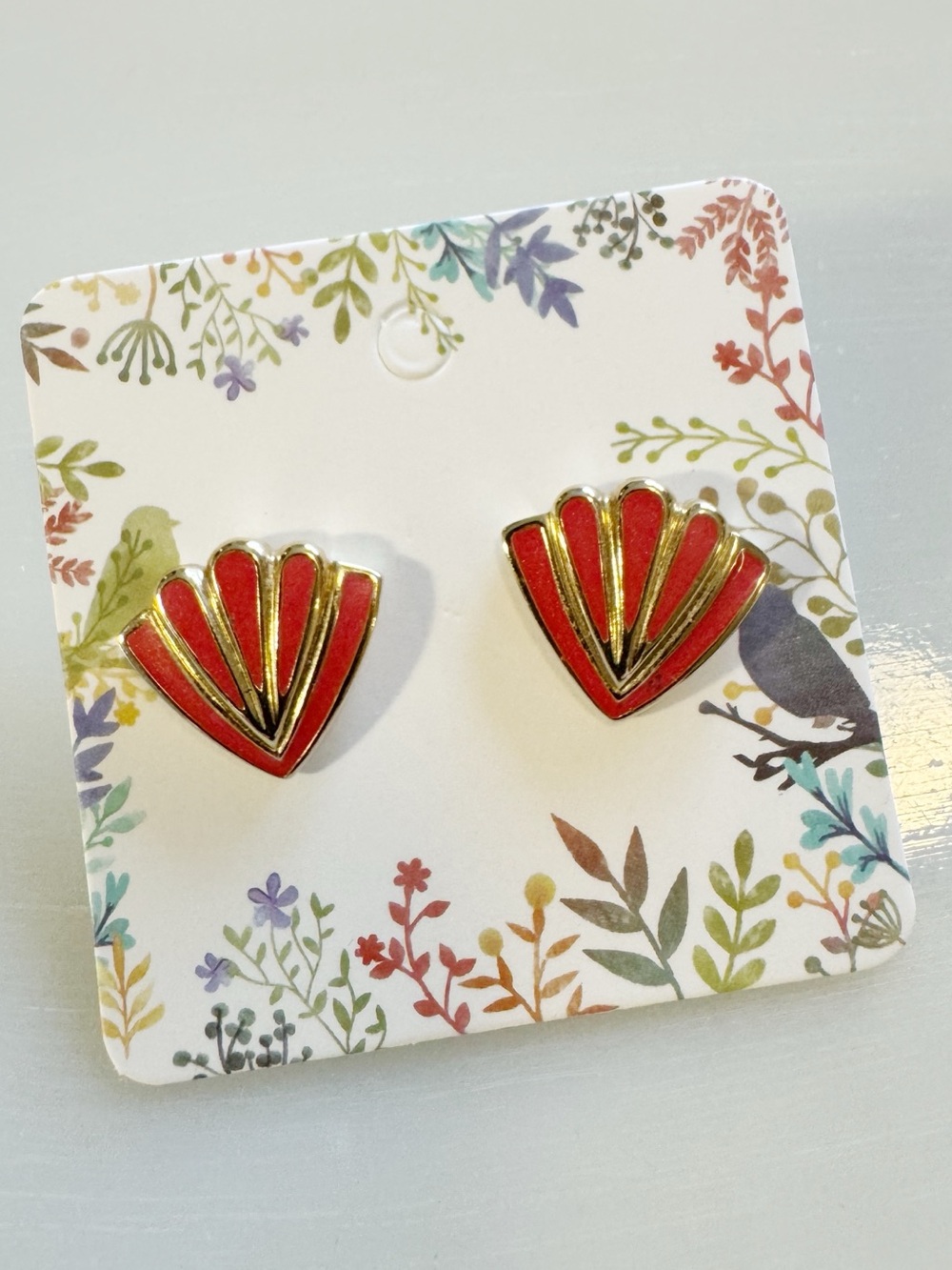 Coral Red Enamel Fan Stud Earrings - Gold-Tone Dainty Art Deco Inspired
